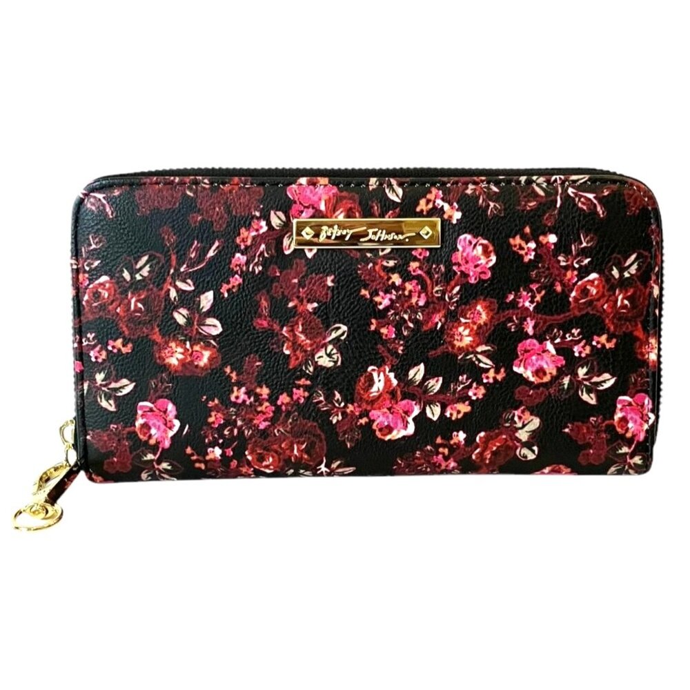 Betsey Johnson Black Zip Around Red Pink Roses Floral Wallet/ Clutch